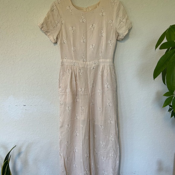 Beige Embroidered Wide Leg Jumpsuit, Cottagecore Boho Floral Romper - Picture 2 of 13